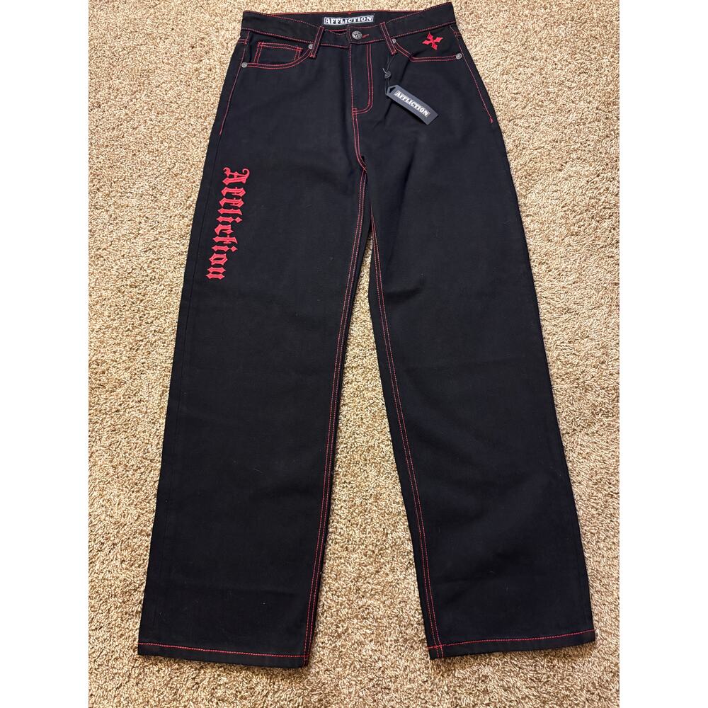 NWT Y2K Affliction Wide Leg Wings Black Red Baggy Jeans Mens Size 31 MSRP $128 - Picture 2 of 15